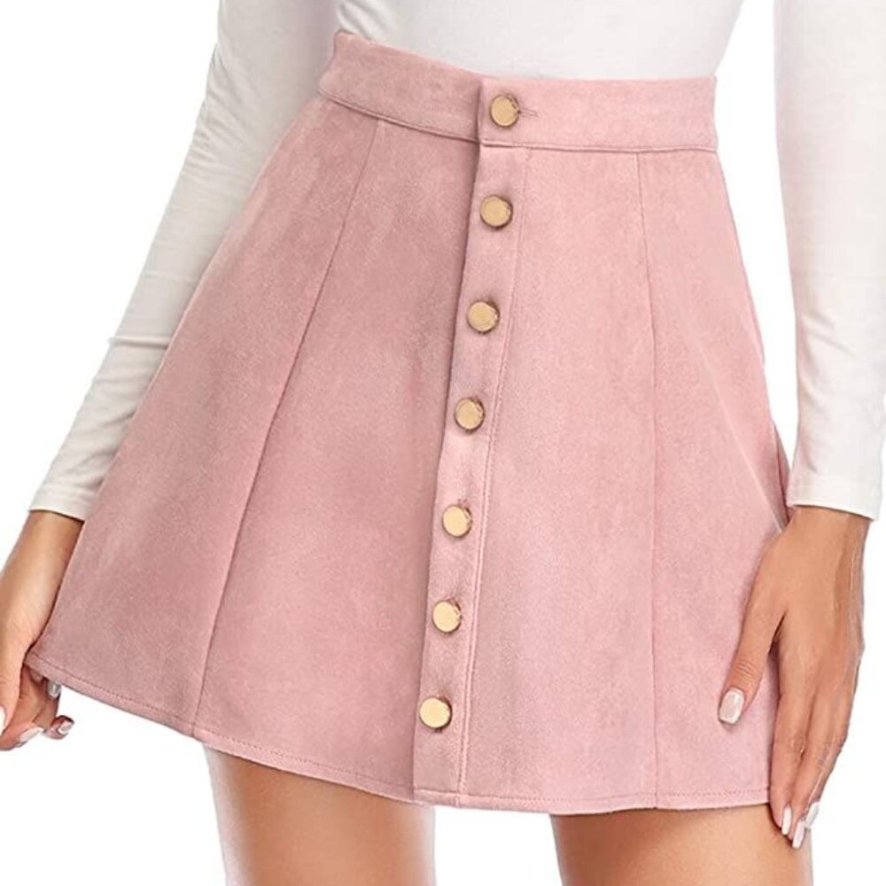 Fuinloth Women's Faux Suede Skirt Button Closure A-Line High Wasit Mini Short Sk